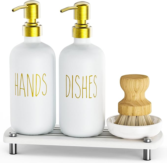 Galasily Gold Soap Dispenser Set Comes with Stainless Steel Pumps, Instant Dry Tray, and Dish Scrub Brush, Kitchen Soap Dispenser Set Suitable for Kitchen Decor and Bathroom Accessories(Gold)
