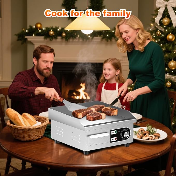 14’’ Commercial Electric Griddle - Electric Cast Iron Griddle w/Stainless Steel Material and Non-Stick, 110V Commercial Griddle w/ 1/2" Thick Iron Cooking Plate for Indoor and Restaurant