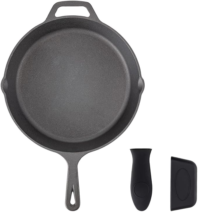 Navaris Cast Iron Skillet - 12"(30cm) Pre-Seasoned Frying Pan with Helper Handle & Silicone Holders, Pour Spouts, for Oven, Stovetop, Grill & Campfire, Heavy-Duty, Even-Heating
