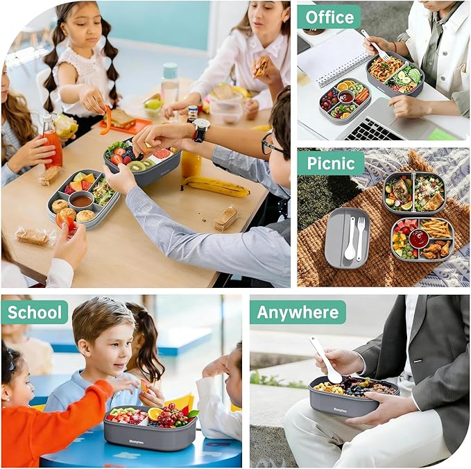 2 Layers Bento Box, All-in-One Stackable Lunch Container with Compartments, 64oz Leakproof Microwave Safe Dishwasher Safe Bento Box with Lunch Bag and Utensil Set for Kids and Adults
