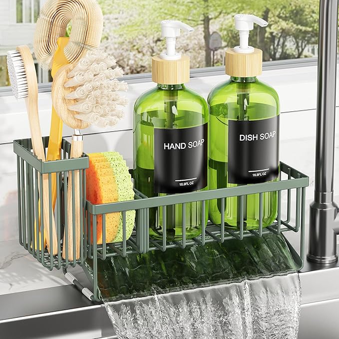 Cisily Sage Green Kitchen Dish Soap Dispenser, 16 fl Oz Dual Kitchen Soap Dispensers with Sponge Holder, Customized Stainless Steel Kitchen Soap Dispenser Set, Modern Hand and Dish Soap Bottle Set