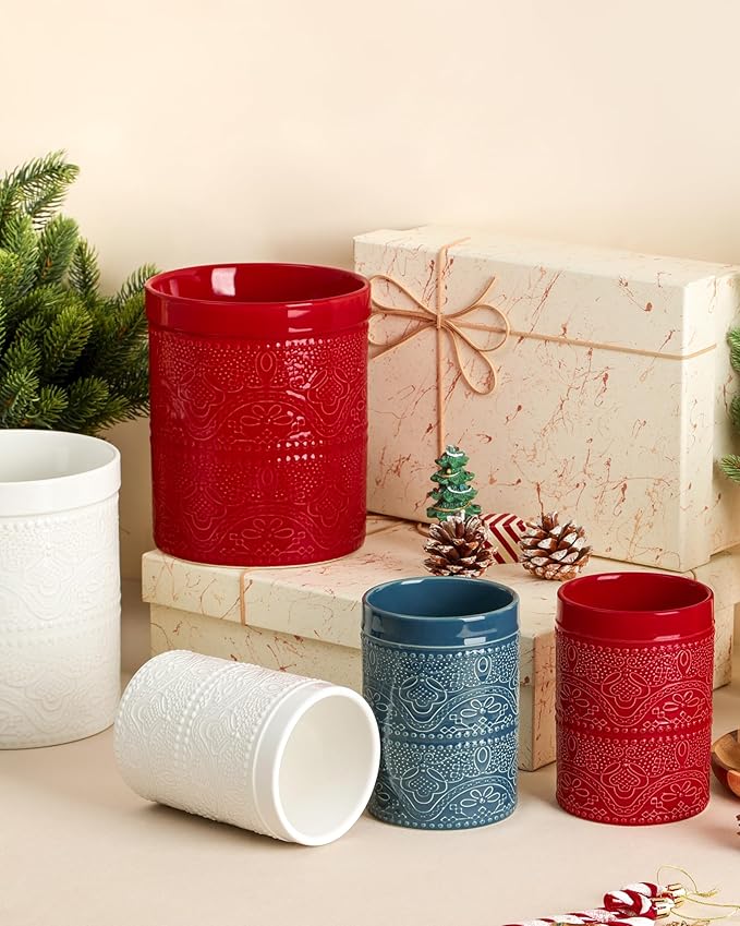 FUN ELEMENTS Kitchen Utensil Holder, 7.2+5.5" Super Large Utensil Crock Heavy and Stable Lace Emboss Ceramic Utensil Holder for Kitchen Counter (2Pcs Christmas Red)