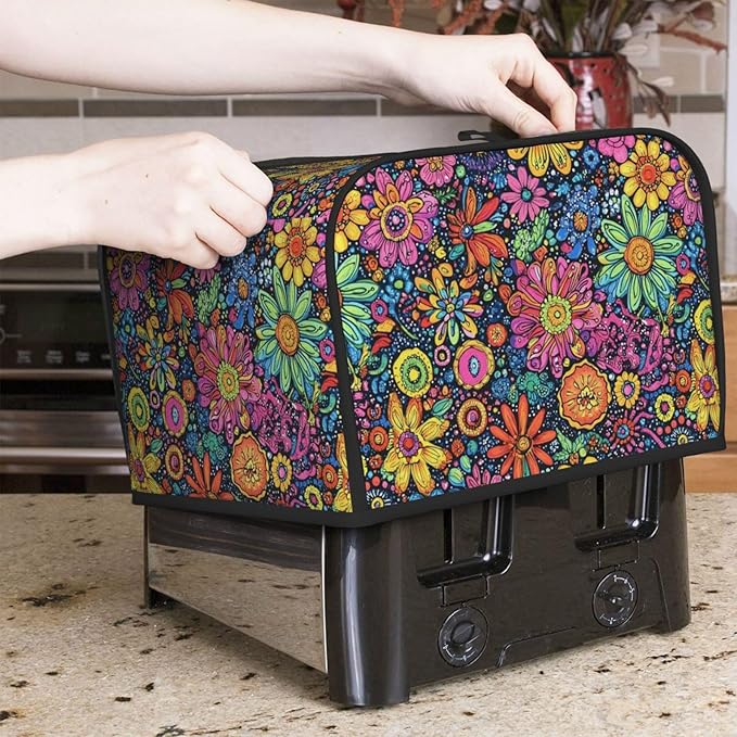 Toaster Cover 4 Slice Colorful Flower Art Kitchen Small Appliance Covers with Pockets Dust and Fingerprint Protection