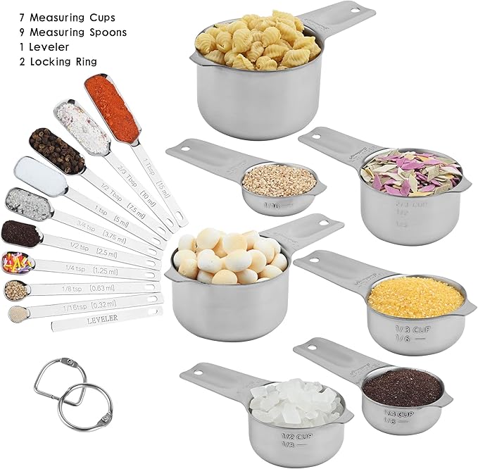 Stainless Steel Measuring Cups and Spoons Set, 18/8 (304) Measuring Cups Spoons, Heavy Duty 7 Measuring cups and 9 Measuring Spoons 1 Leveler for Baking and Kitchen