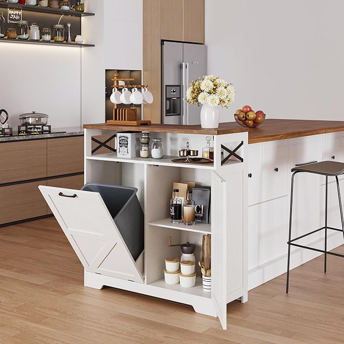 Befrases Tilt Out Trash Can Cabinet for 13 * 1 Gallon Trash Can, Farmhouse Kitchen Island Cabinet with Adjustable Shelf for Hidden Laundry Basket, Dog Proof Garbage Can for Dining Living Room, White
