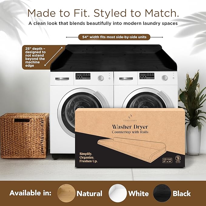 Solid Bamboo Washer Dryer Countertop, Laundry Wood Shelf Topper with Non-Slip Pads, Edge Rails and High Back Rail for Laundry Room Storage & Organization, Washer Dryer Counter Storage, 25"W x 54" L