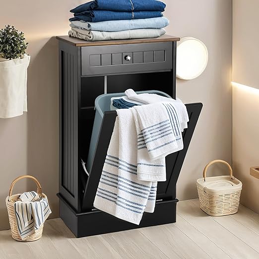 KIGOTY Tilt Out Trash Can Cabinet Trash Bin Cabinet with Hideaway Drawer Hidden Wooden Kitchen Garbage Can, Pet Proof Trash Can Holder for Kitchen (Black)