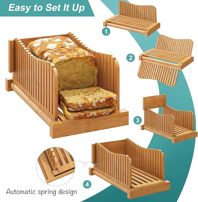 Bamboo Bread Slicer, Adjustable Bread Slicer Guide with 3 Thickness Size, Foldable Compact Chopping Cutting Board, Great for Homemade Bread, Cakes, Bagels