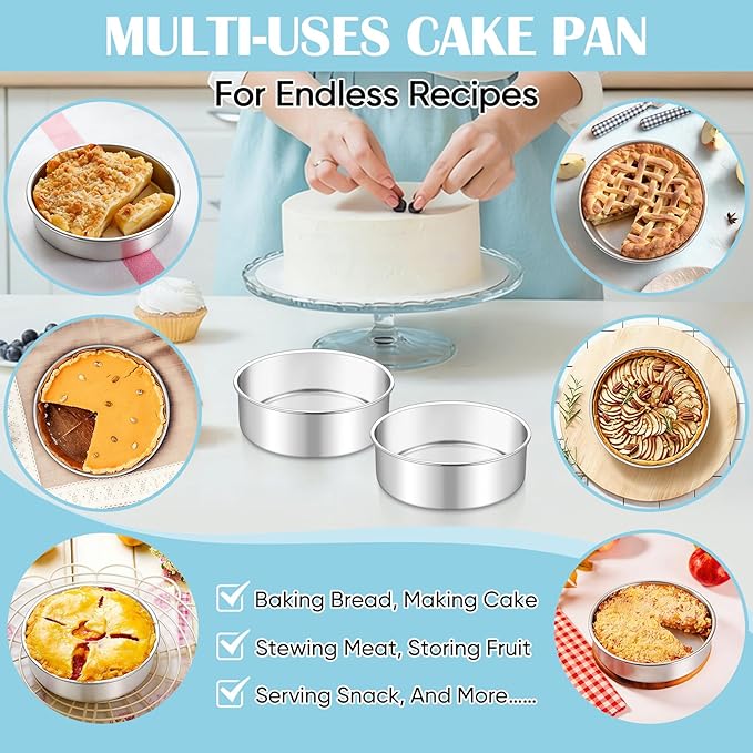 TeamFar 6 Inch Cake Pan, 2 Pcs Round Tier Cake Pan Set Stainless Steel for Baking Steaming Serving, Fit in Oven Pot Air Fryer, Healthy & Heavy Duty, Mirror Finish & Easy Clean, Dishwasher Safe
