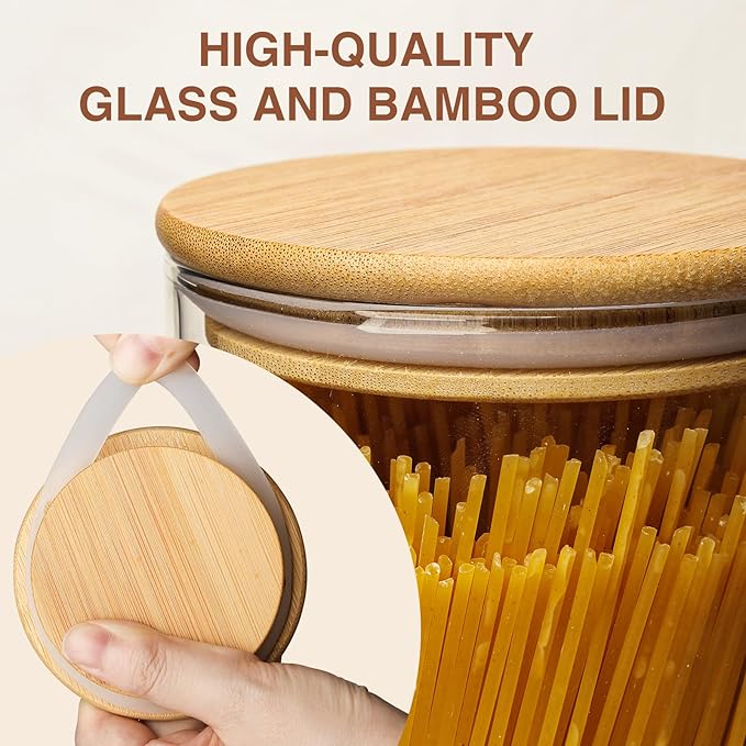 SHOWIN 73oz Glass Pasta Storage Jars, Tall Glass Jars with Bamboo Lids, Spaghetti Container, Set of 3, Kitchen Storage Containers for Pasta, Pantry Organizers