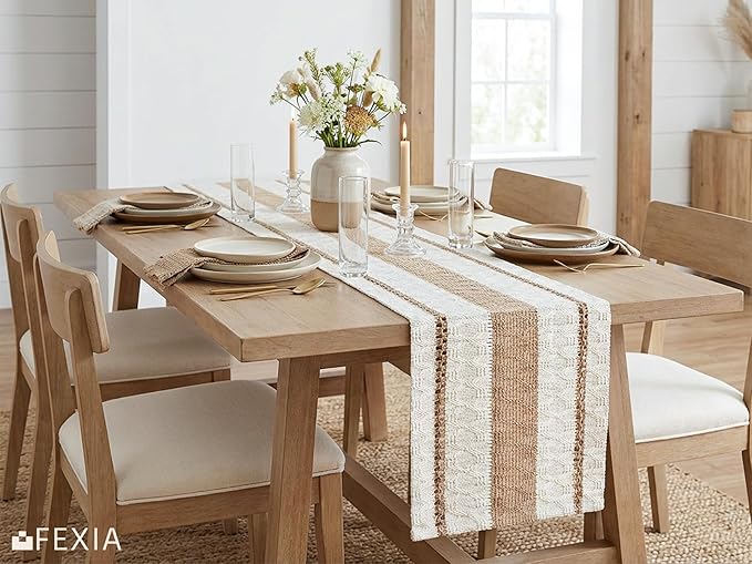 FEXIA Boho Table Runner for Hoilday Spring Home Decor Farmhouse Rustic Table Runner Macrame Burlap Coffee Table Decor House Decoration for Living Room Bridal Shower (12x72 Inches)
