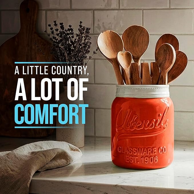 Comfify Wide Mouth Mason Jar Utensil Holder Decorative Kitchenware Organizer Crock, Dishwasher Safe - Kitchen Caddy, Large Size 7" High - Coral