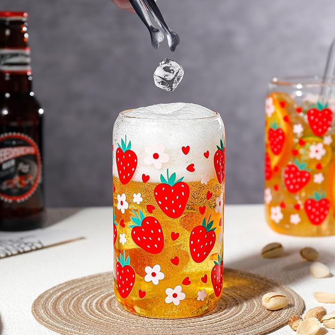 Glass Cups with Lids and Straws with Design Strawberry 4 pcs,Clear Glass Cups 16 oz-DWTS Drinking Glasses Set,Glass Tumbler,Cute Design Glass Iced Coffee Cups with Lids and Straws