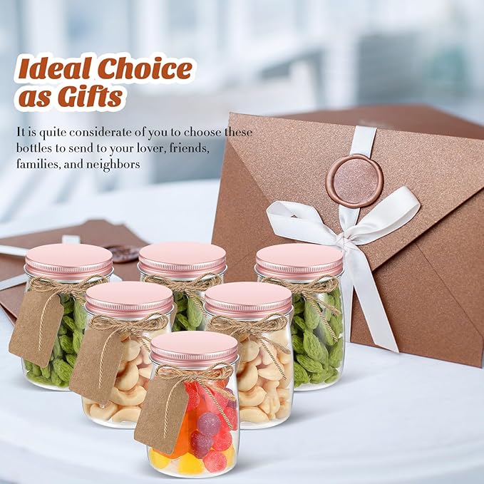 Nitial 50 Pack 5 oz Plastic Jars with Lids Bulk Yogurt Containers with Lids Gift Jars with DIY Craft Twine and Labels Gifts for Birthday Wedding Halloween Christmas Party Favor(Rose Gold,Aluminum Lid)