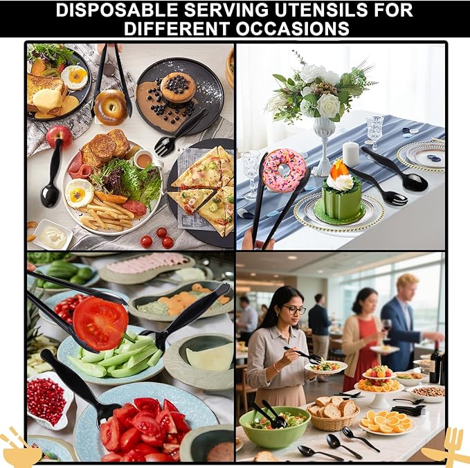 30 Pcs Disposable Black Plastic Serving Utensils,10 Set Including 9" Plastic Serving Spoons, Forks and Tongs for Dinner Parties, Buffets,Banquets, Events, Weddings, and Daily Use