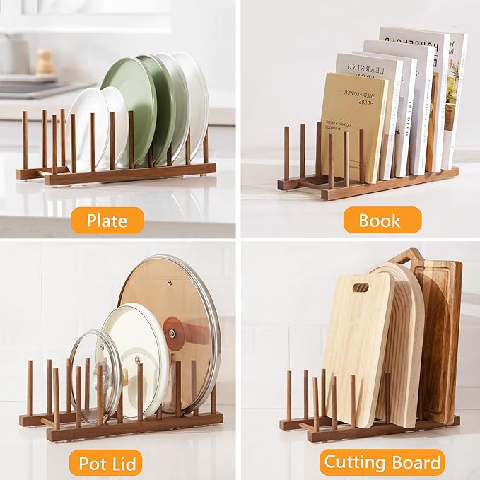 HBlife 4pcs Acacia Wooden Dish Dying Rack Pot Lid Plate Organizer Holder for Cabinet, Cutting Board Stand Drainer Storage Plate Rack for Dish, Pot Lid, Bowl, Cup, Cutting Board and Books