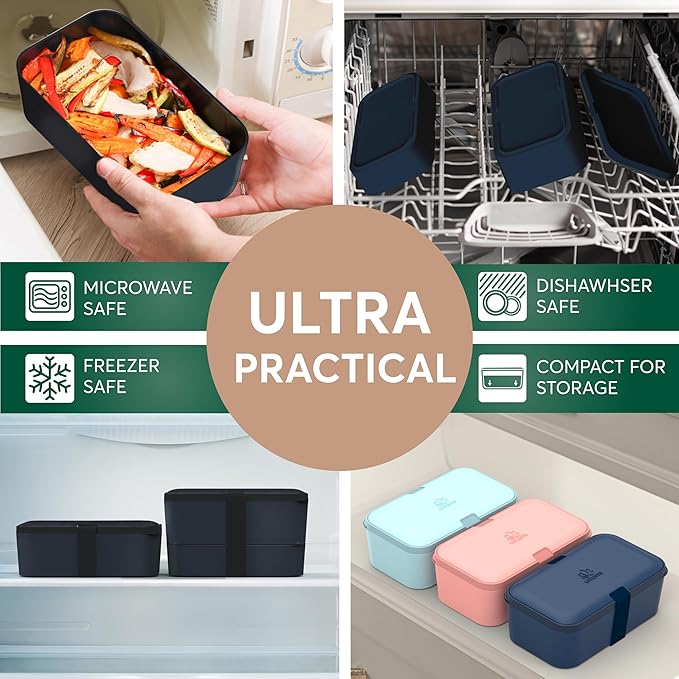 Umami Lunch Box Containers w/ 4 Utensils, 2 Sauce Jars, Nestable Space-Saving Bento Box Adult, 100% Leakproof, Microwavable Lunch Containers for Adults, Design Award Winner, Midnight Blue, 50 oz