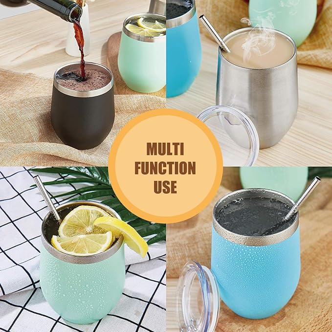 Amtidy 12 Pack Powder Coated Stainless Steel Tumbler with Lid,Equipped with straw and straw brush,12 oz Double Wall Vacuum Insulated Travel Tumbler Cup for Coffee, Wine, Cocktails