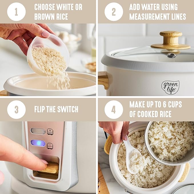 GreenLife Rice Cooker with Removable PFAS-Free Ceramic Nonstick Pot, 3-Cups Uncooked/6-Cups Cooked, Grains & Oatmeal Multicooker, Compact One-Switch Design, Auto Keep Warm, Easy Clean, Cream