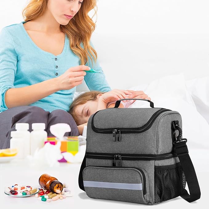 CURMIO Double Layers Medicine Storage Bag, Pill Bottle Organizer Bag with Inner Dividers, Medication Travel Bag for Vitamins, Supplements, Prescription Bottles, Medical Supplies, Gray (Patent Design)