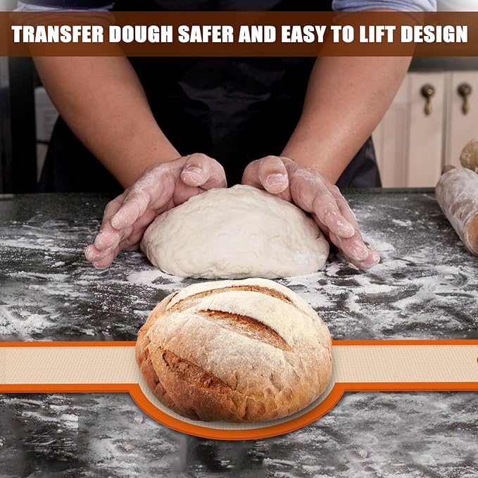 Silicone Bread Sling for Dutch Oven, Non-Stick & Easy to Clean Bread Baking Mat Set, 2 Pcs Reusable Bread Sling with Long Handle to Transfer Sourdough (Orange, Oval and Round)