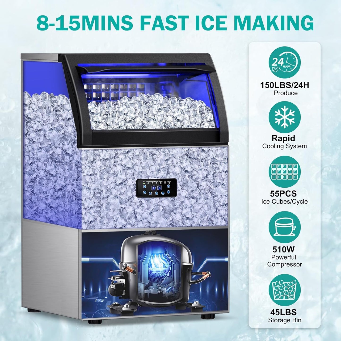 Commercial Ice Maker Machine, 150lbs/24H with 45Lbs Storage Bin, 55Pcs Ice Cubes 8Mins, Tap Add Water Freestanding Ice Maker Commercial for Home Bar Office