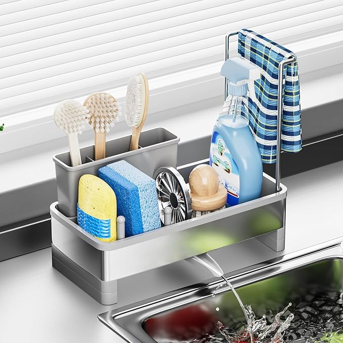 Sponge Holder for Kitchen Sink,Sink Caddy Organizer with Removable Brush Holder,Kitchen Countertop Soap Dispenser Storage with Detachable Towel Rack, Grey