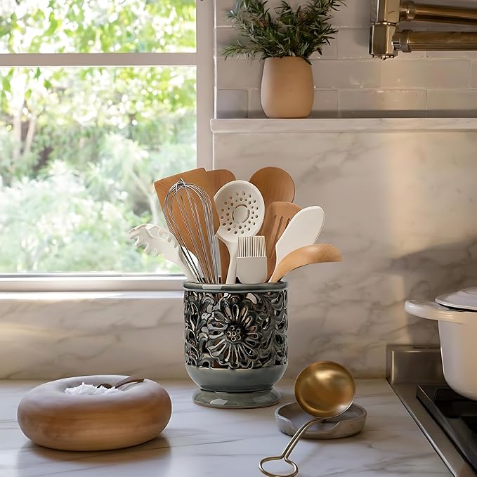 Farmhouse Kitchen Utensil Holder for Countertop, Ceramic Large Cooking Utensil Crock with Cork Mat, Decorative Rustic Utensil Holder for Kitchen Counter, Hollow Carving Flower, Gray