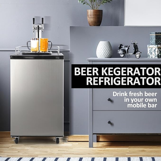 Beer Kegerator, Dual Tap Draft Beer Dispenser, Full Size Kegerator and Keg Beer Cooler With Shelves & Drip Tray & 4 Casters, Stainless Steel Keg Dispenser, 32°F- 50°F Temperature Control, 170L
