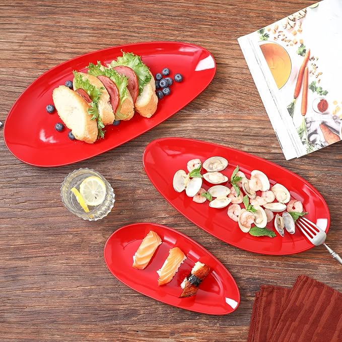 vicrays Large Oval Serving Platters, 16"/14"/10" Porcelain Serving Platters for Party, BBQ,Stackable Serving Trays Serving Plates for Appetizers, Sushi, Restaurant, Dessert, Set of 3 (Red)