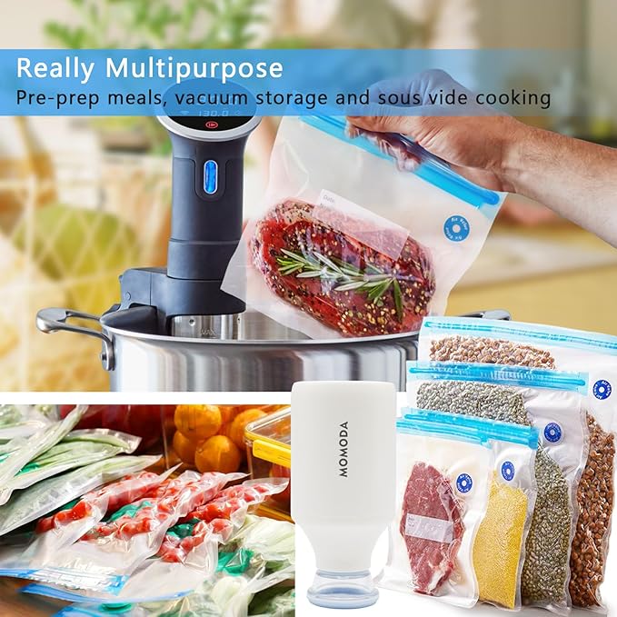 MOMODA Sous Vide Cooking Bags Bundle – 70 Reusable Vacuum Sealer Bags in 5 Sizes with Manual and Automatic Pumps, Plus Cooking Clips and Zipper Clips for Efficient Sous Vide Cooking and Food Storage