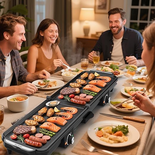 Electric Griddle Indoor, 1600W Large Flat Top Grill with 17.5" x 9" Nonstick Plates, 2 Cooking Zone with Adjustable Temp, Pancake Egg Maker with Drip Tray, Indicator Light