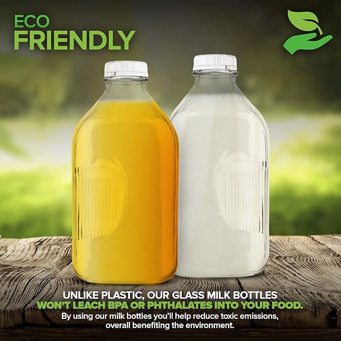 Stock Your Home Half Gallon Glass Milk Bottle with Lid (3 Pack) 64 Oz Jugs and 6 White Caps, Reusable Food Grade Milk Container for Refrigerator, Bottles for Juice, Oat or Plant Milks, Water, Honey