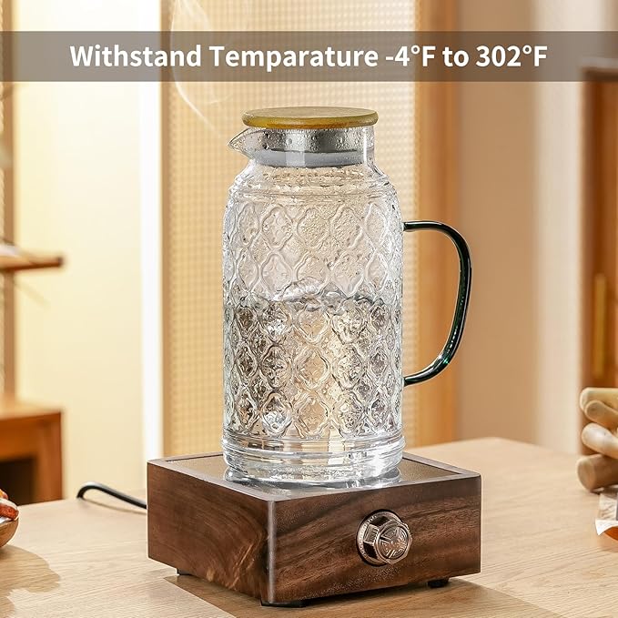 Buaic 2 PACK Glass Pitcher with Bamboo Lid, 68 oz/2L Vintage Water Pitcher, Clear Borosilicate Glass Water Carafe for Cold Brew, Coffee, Lemonade, Iced Sun Tea,Beverage, Heat Resistant Water Glass Jug