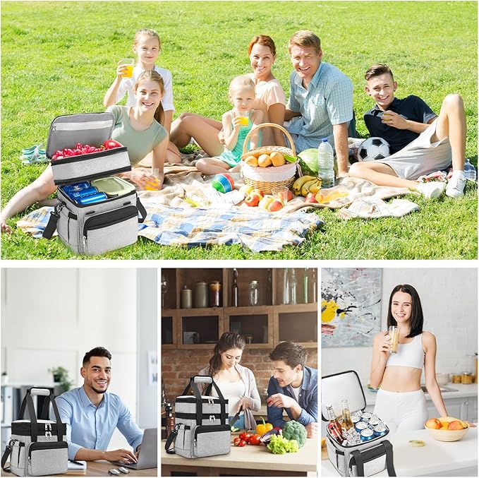 holuxer Insulated Lunch Bag & Lunch Box for Men - Double Deck Reusable Lunch Bag for Women Tote Cooler Bag Leakproof Soft Expandable - Large Lunchbox for Work/Adult/Picnic/Outdoor (Gray,15L)