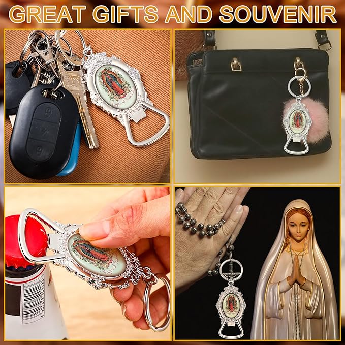 Misdary 24 Pcs Our Lady of Guadalupe Bottle Opener Keychain Catholic Bottle Opener with Organza Baptism Party Favor for Guest