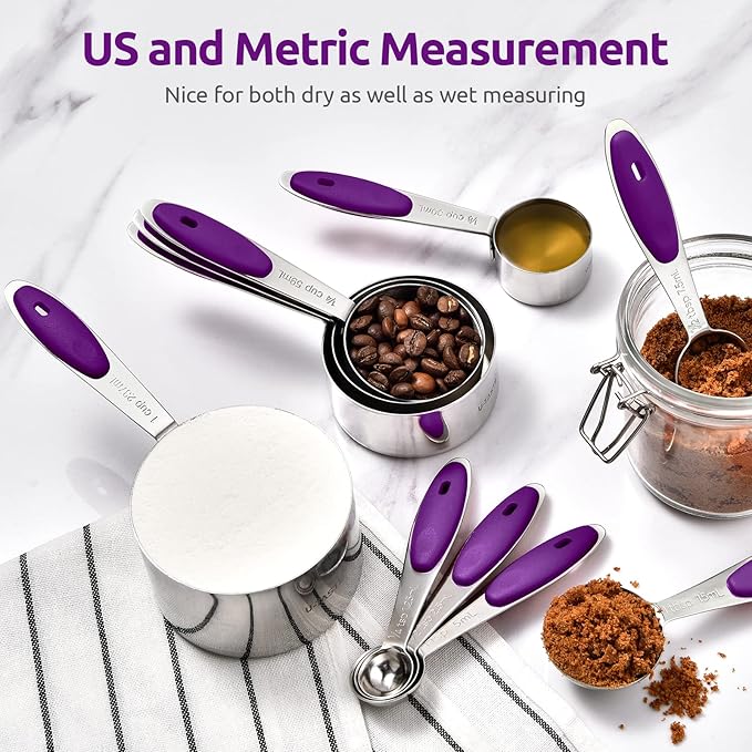 Measuring Cups and Spoons Set: U-Taste 18/8 Stainless Steel 10 Pieces Metal Stacking Kitchen Baking Cooking Food Measure Set 5 Cups 5 Spoons with Strengthened Weld Joints (Purple, Upgraded Version)