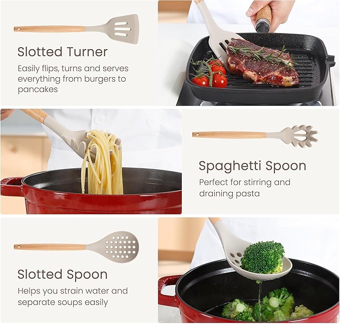 26 Pcs Silicone Cooking Utensils Set with Holder, NCUE BPA Free Kitchen Utensils Set for Cooking, 446°F Spatulas Silicone Heat Resistant Wooden Handle Spoon Tongs Non-stick Kitchen Gadgets (Khaki)