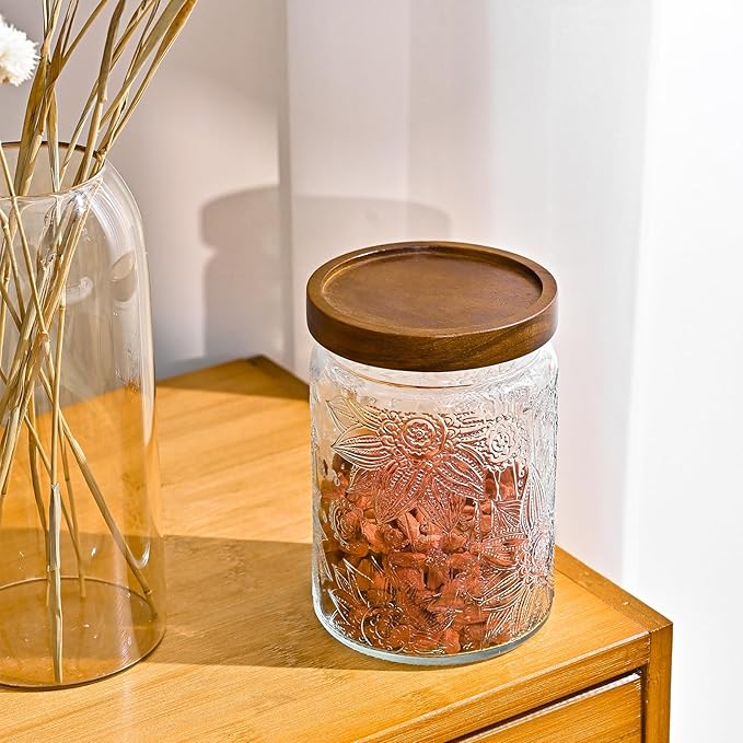 Adodeen 24oz Vintage Glass Canister With Lid Small Glass Jars Wide Mouth Mason Jars Airtight Coffee Canisters Kitchen Storage Containers For Sugar Tea Spice Flour Candy Cookie Cereal Cute Decorative