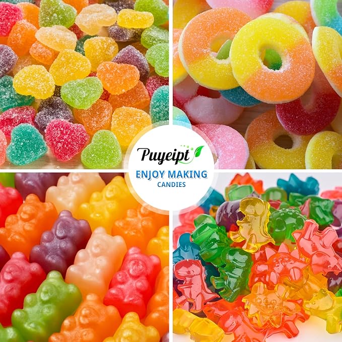 Puyeipt 4 PCS Silicone Gummy Candy Molds, 201 Cavities Non-Stick Mini Size Gummy Bear, Dinosaur, Heart and Donut Molds with 2 Droppers for Small Hard Candies, Jello, Chocolates