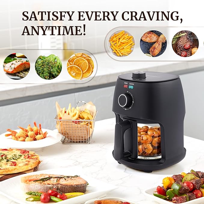 Elite Gourmet Glass Air Fryer, 2.4 Qt Compact Size for 1–2 People, PFAS-Free Ceramic & Glass Basket, Visible Cooking, Adjustable Temp 175–400°F, 1150W, Black