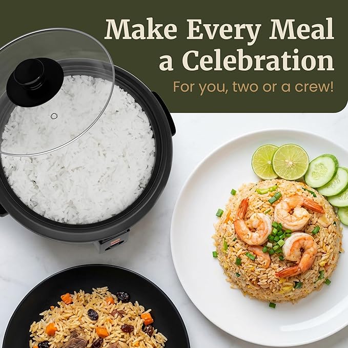 Elite Gourmet Electric Rice Cooker with Steam Tray and Non-Stick Inner Pot Makes Soups, Stews, Grains, Cereals, Keep Warm Feature, 6 Cups Cooked (3 Cups Uncooked), Black