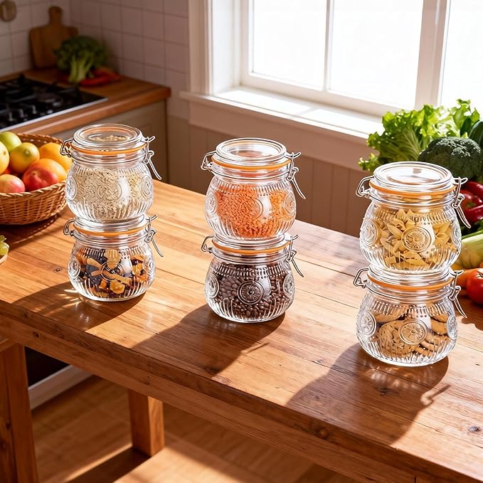 Amzcku Wide Mouth Vintage Mason Jars with Airtight Lid 16oz, Canister Quart Jars for Kitchen Storage - for Coffee, Sugar, Beans 6 Pack