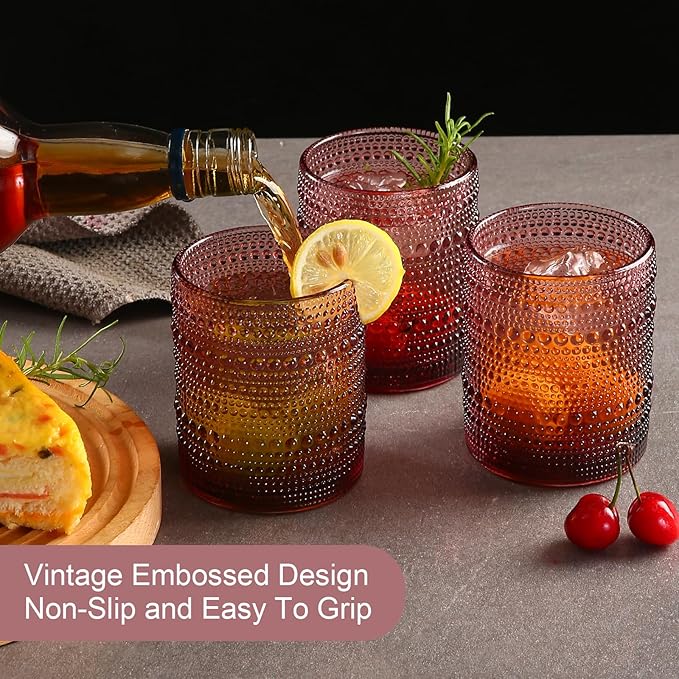 ZMOWIPDL Vintage Glassware Drinking Glasses Set of 6,12 oz Hobnail Glass Cups,Embossed Purple Water Tumbler,for Beer,Cocktail,Whiskey,Juice and Various Mixed Drinks- 1 Cleaning Brush