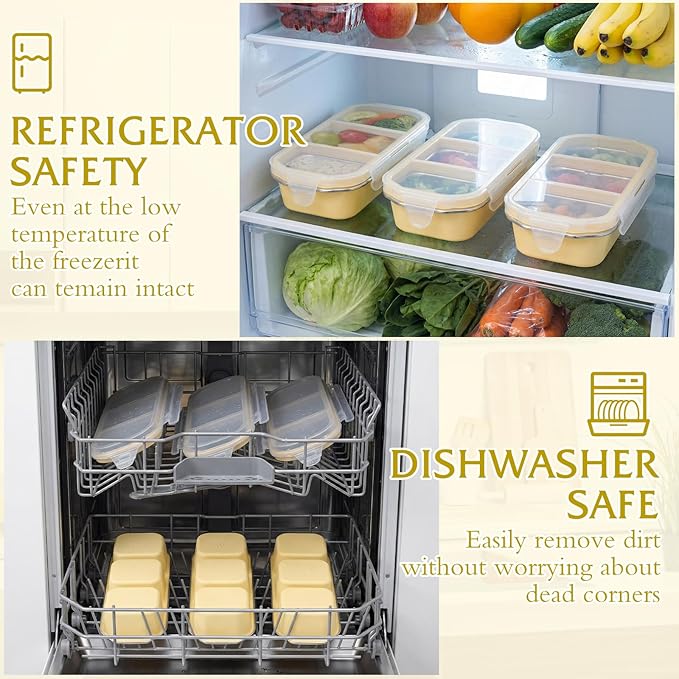 FoldTier 4 Pack Stainless Steel Snack Container for Adults 3-compartment Leak-proof Lunch Box for Work, Travel 10.6 x 4.1 x 2 Inch Stackable Reusable Metal Bento Box(Yellow)