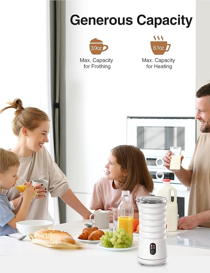 Milk Frother, Automatic Milk Frother Machine 4 in 1 Functions Milk Frother Machine for Coffee, Hot Chocolates, Latte, Cappuccino, Milk Frother 240ml, White