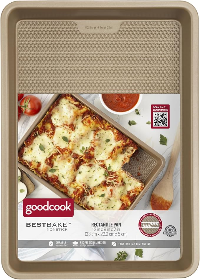 GoodCook BestBake Nonstick Bronze 9" x 13" Oblong Baking Pan, Textured Carbon Steel, Scratch-Resistant, Non-Toxic Cake Pan, 13x9 Bakeware, Durable Oven Pan for Even Heating and Easy Cleanup