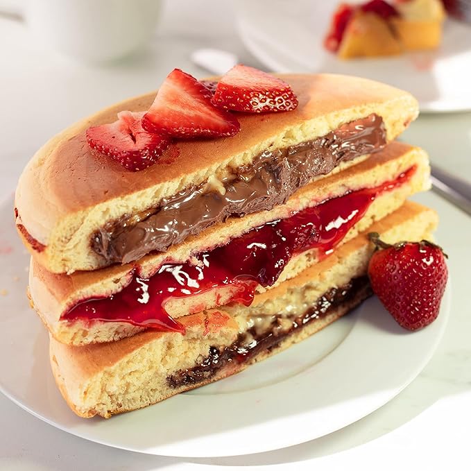 Electric Stuffed Pancake Maker- Make a GIANT Stuffed Waffle or Pan Cake in Minutes - Add Fillings for Delicious Breakfast or Dessert, Nonstick Baker Machine w Silicone Batter Funnel, Fun Unique Treat