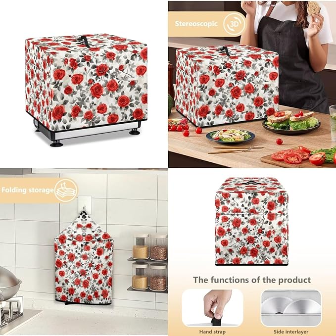 Vintage Red Rose Flower Print Food Slicer Cover, Meat Slicer Protective Cover, Fit Commercial Electric Deli Slicer Machine, Compatible with Household 200W 150W Meat Slicers 16x13x13 Inch
