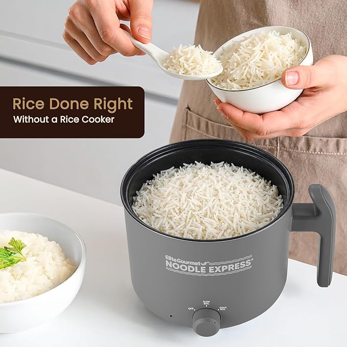Elite Gourmet NOODLE EXPRESS Electric Hot Pot, Prepare Noodles, Soups, Stews, Cool-touch Handle, Ceralast™ PFAS-Free Ceramic Non-stick, Tempered Glass Lid, 2 Heat Settings-High/Low, Grey
